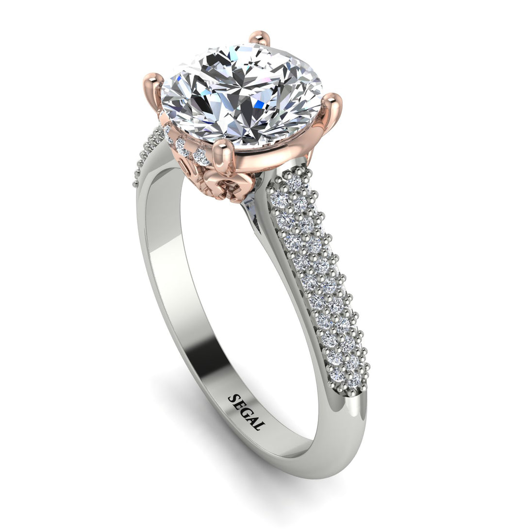 Two Tones Luxury Pave Round Cut Diamond Engagement Ring With Hidden Stone - Miracle No. 78