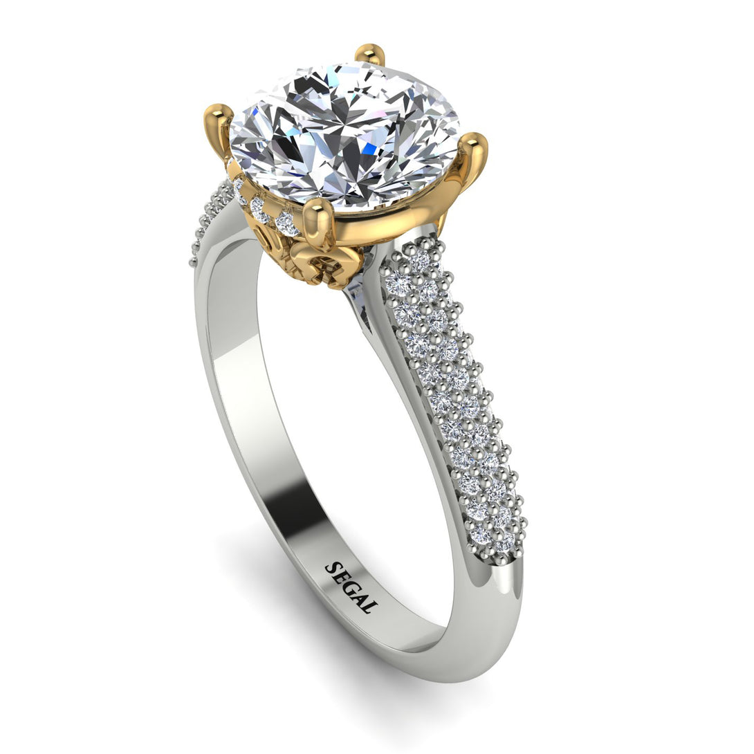 Two Tones Luxury Pave Round Cut Diamond Engagement Ring With Hidden Stone - Miracle No. 77