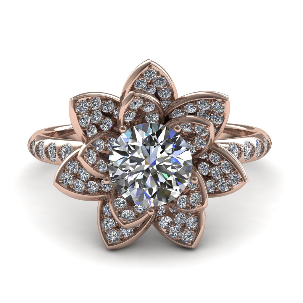 Lotus Solid Rose Gold Diamond Flower Ring - Princess Lotus no. 2