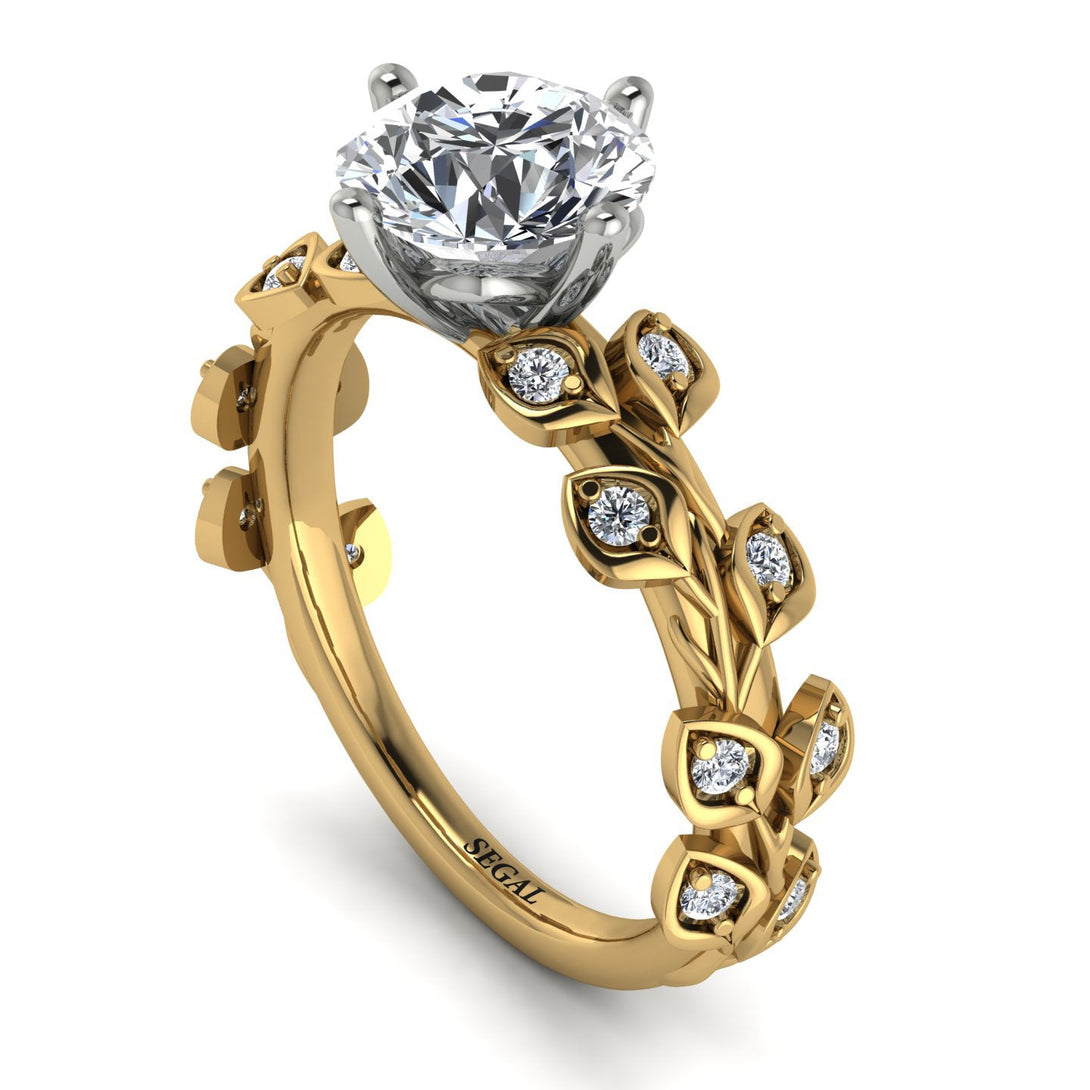 Two Tones Leaves All Around Yellow Gold Diamond Ring - Sydney 2ct No. 77