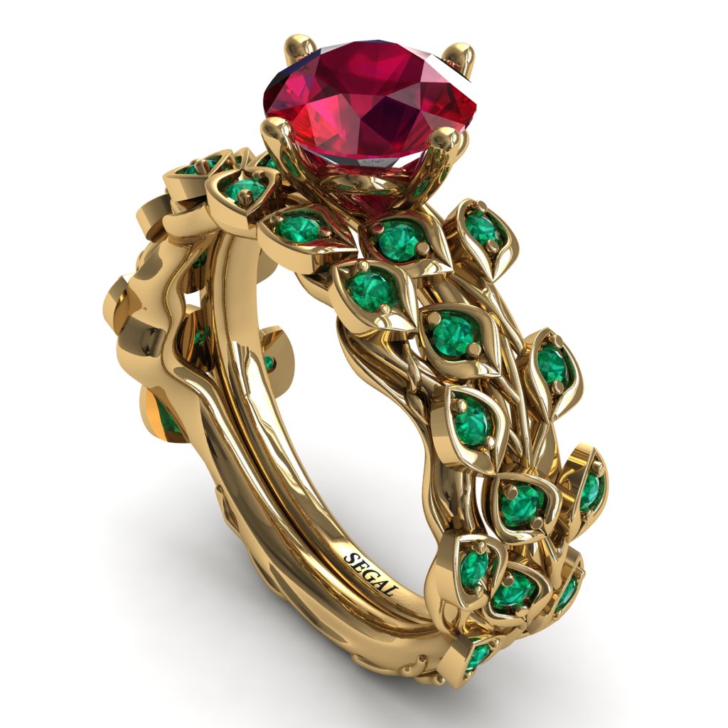 Leaves All Around Lab Ruby Wedding Bridal Set - Sydney 2ct No. 25