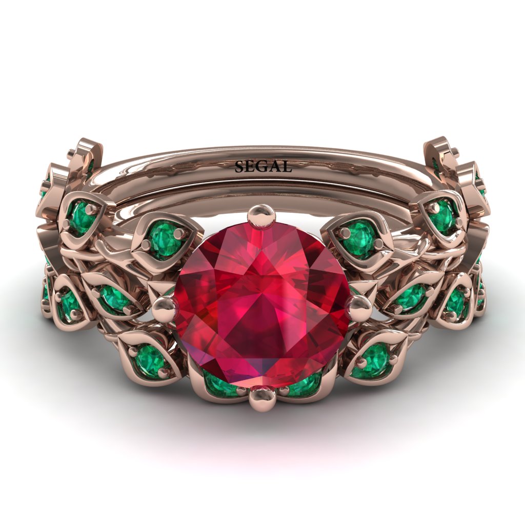 Leaves All Around Lab Ruby Wedding Bridal Set - Sydney 2ct No. 26