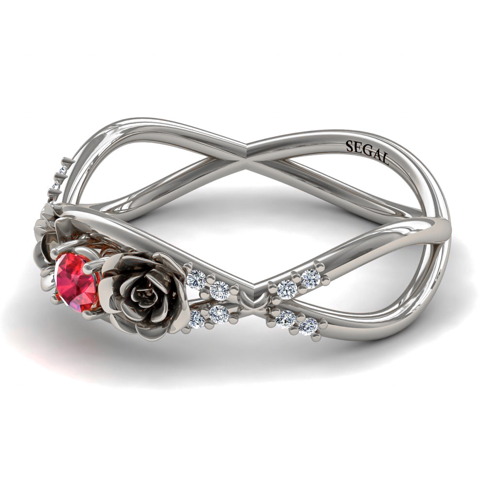Rose Engagement ring 14K White Gold Thin Elegant Flower Ring Ruby With Diamond - Stella no. 6