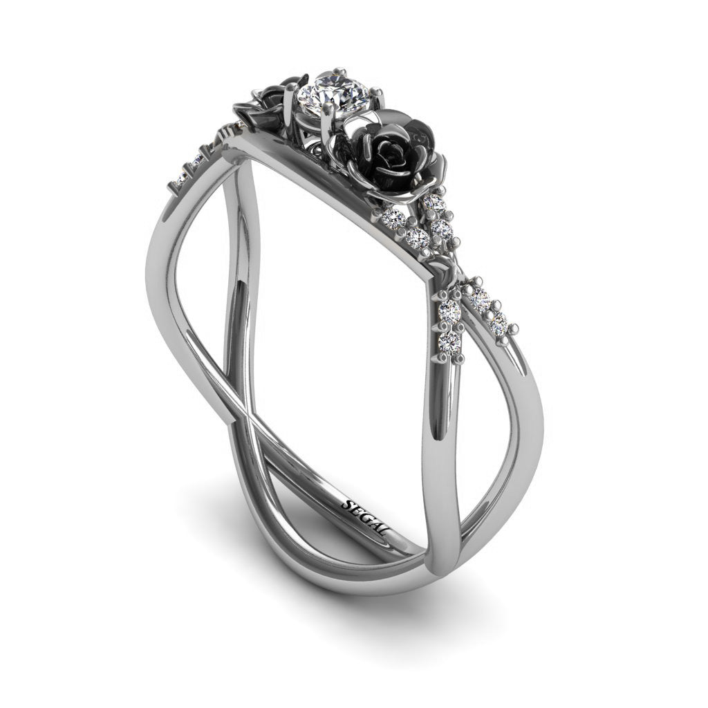 Rose Engagement ring 14K White Gold Thin Elegant Flower Ring White diamond - Stella no. 3