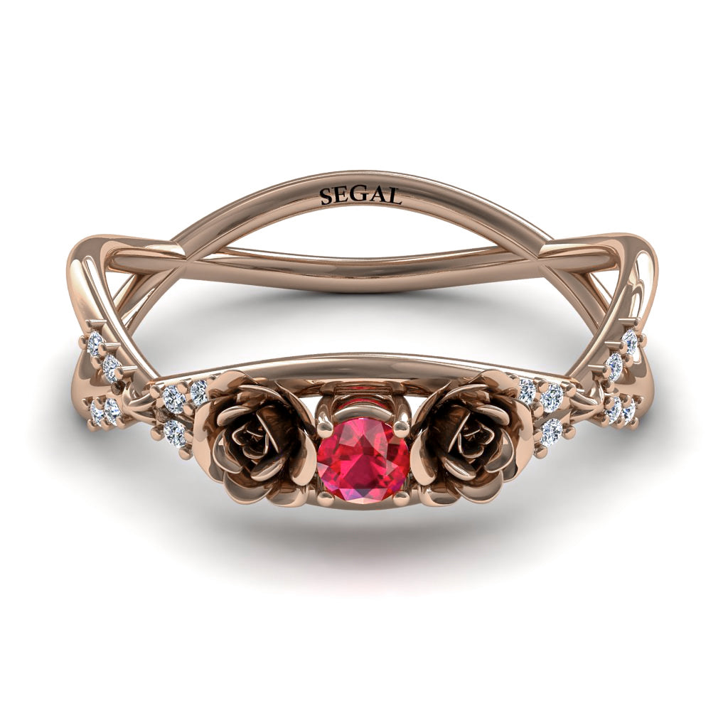Rose Engagement ring 14K Rose Gold Thin Elegant Flower Ring Ruby With Diamond - Stella no. 5