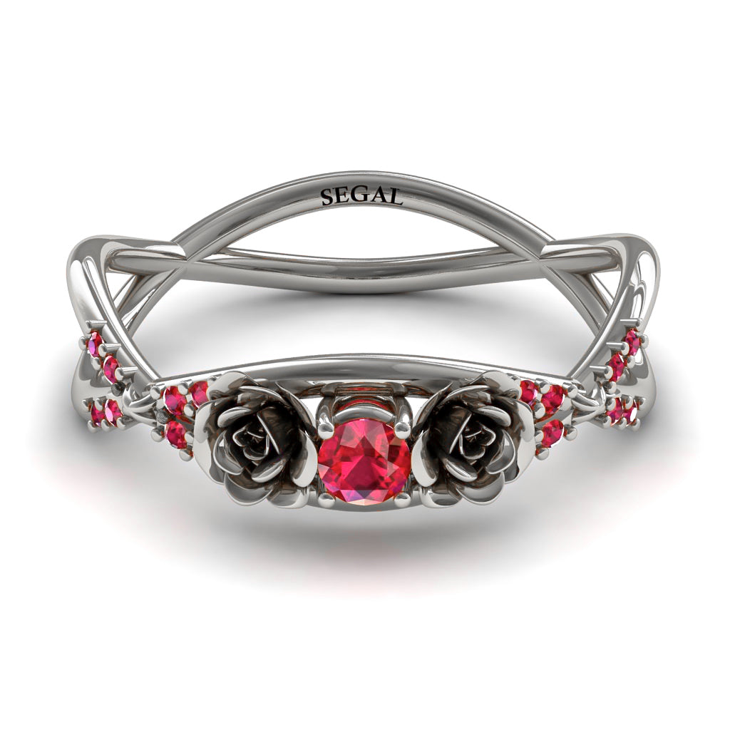 Rose Engagement ring 14K White Gold Thin Elegant Flower Ring Ruby With Diamond - Stella no. 15