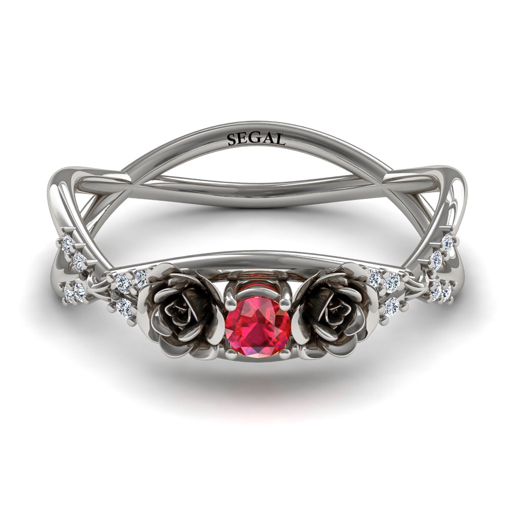 Rose Engagement ring 14K White Gold Thin Elegant Flower Ring Ruby With Diamond - Stella no. 6