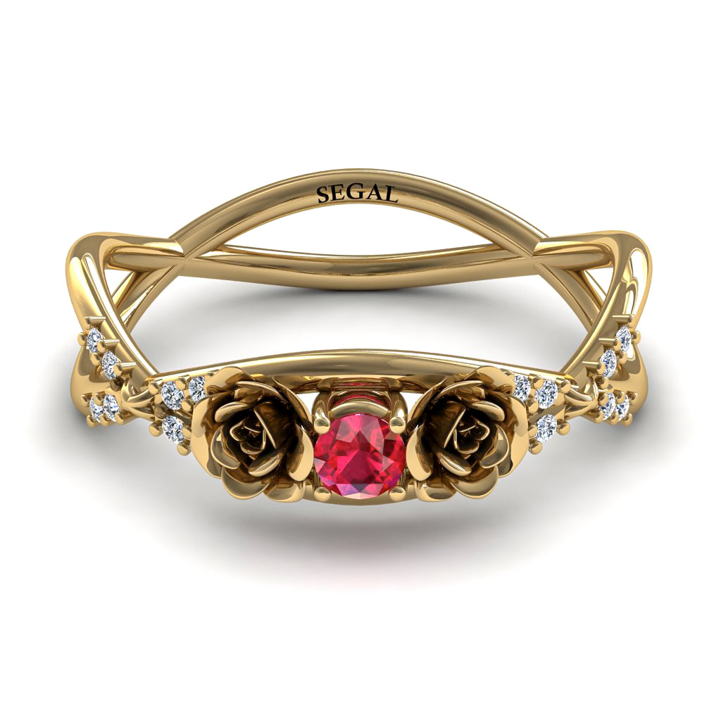 Rose Engagement ring 14K Yellow Gold Thin Elegant Flower Ring Ruby With Diamond - Stella no. 4