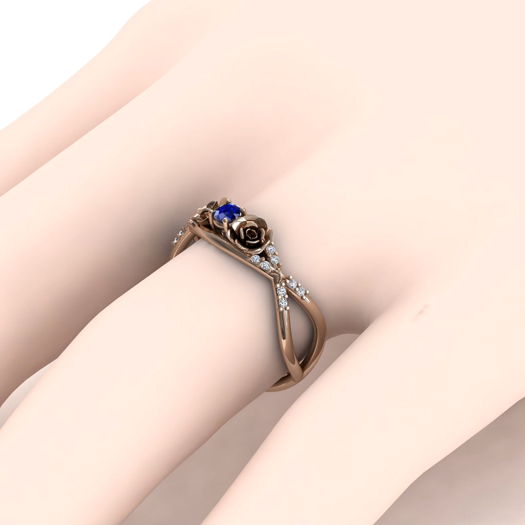 Rose Engagement ring 14K Rose Gold Thin Elegant Flower Ring Sapphire - Stella no. 8