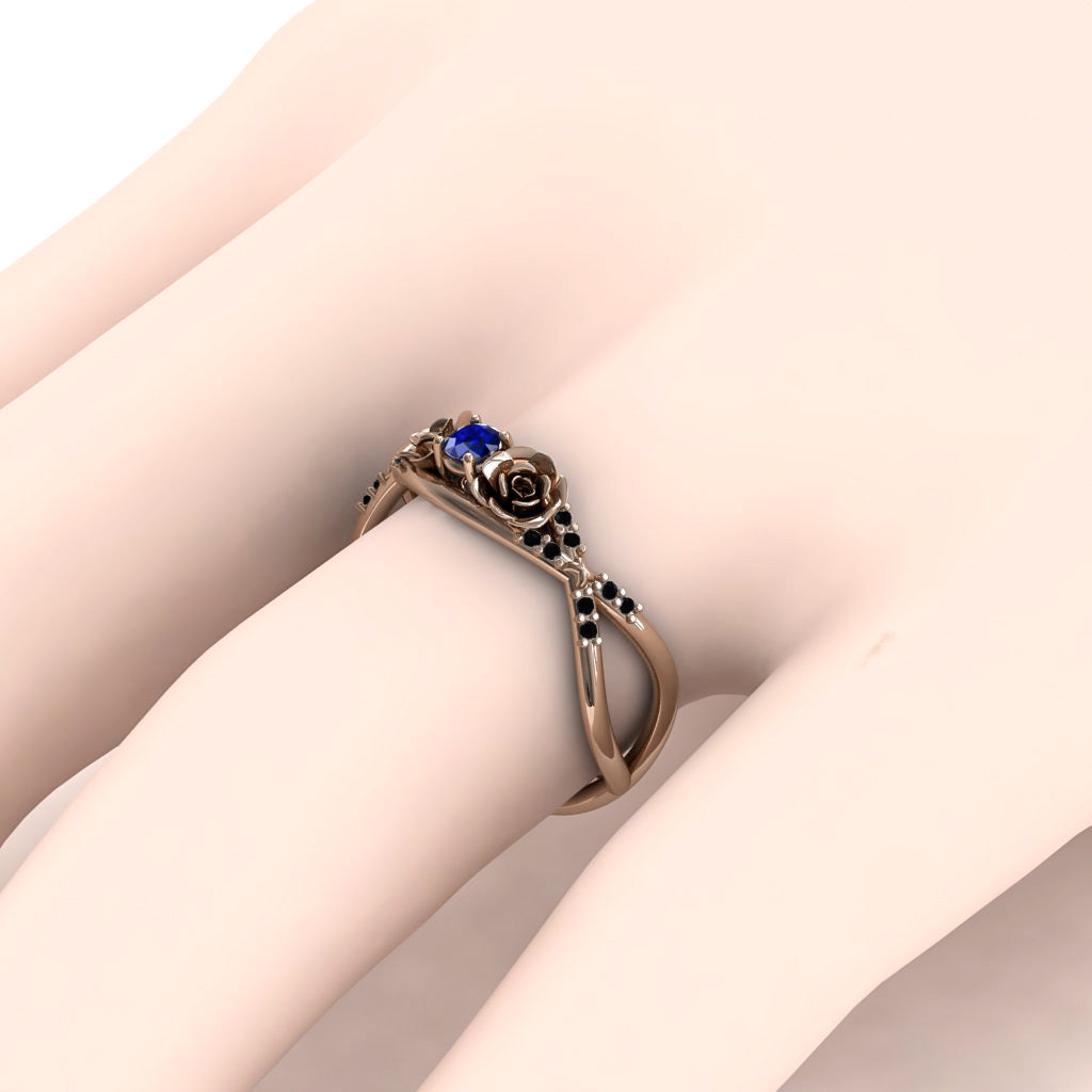 Rose Engagement ring 14K Rose Gold Thin Elegant Flower Ring Sapphire - Stella no. 26