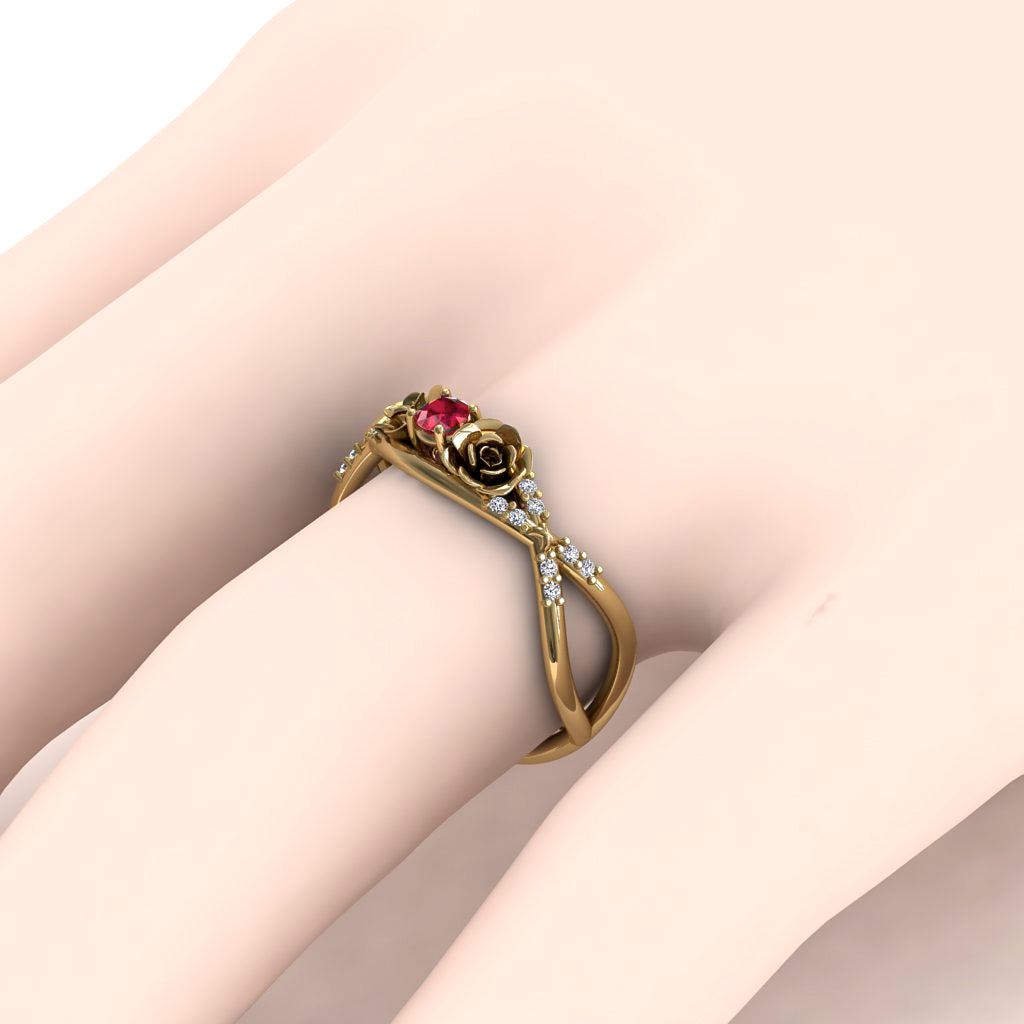 Rose Engagement ring 14K Yellow Gold Thin Elegant Flower Ring Ruby With Diamond - Stella no. 4