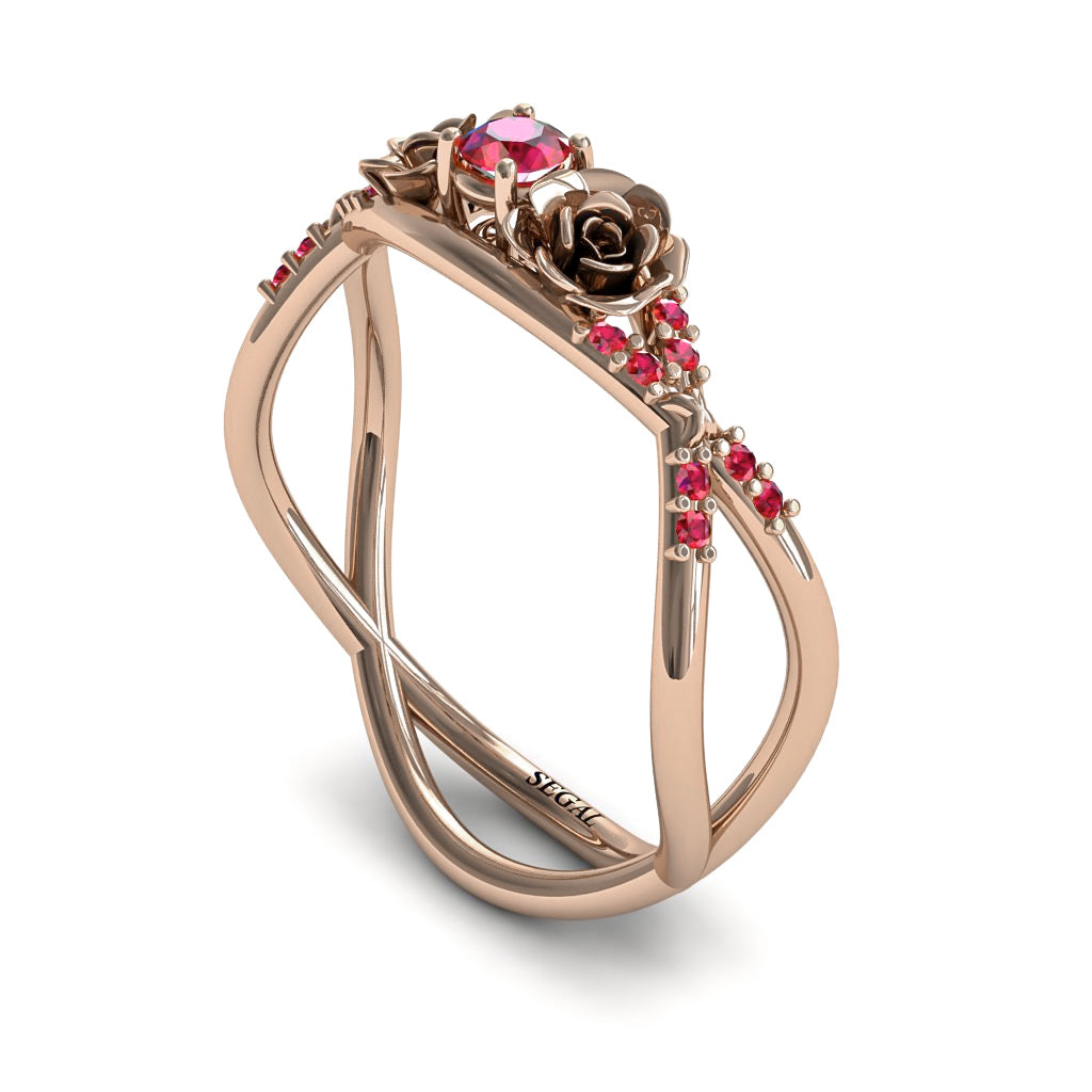Rose Engagement ring 14K Rose Gold Thin Elegant Flower Ring Ruby - Stella no. 14