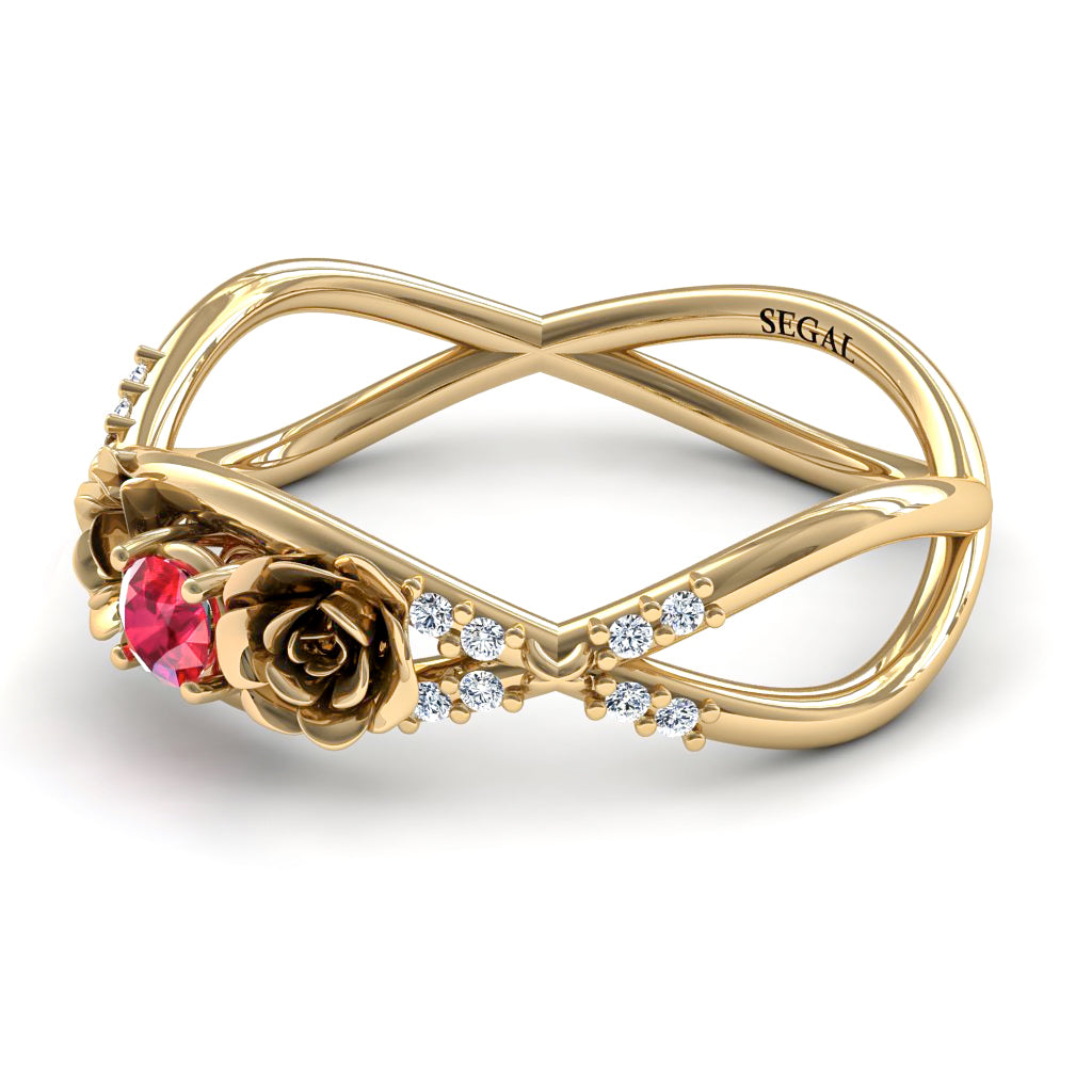 Rose Engagement ring 14K Yellow Gold Thin Elegant Flower Ring Ruby With Diamond - Stella no. 4