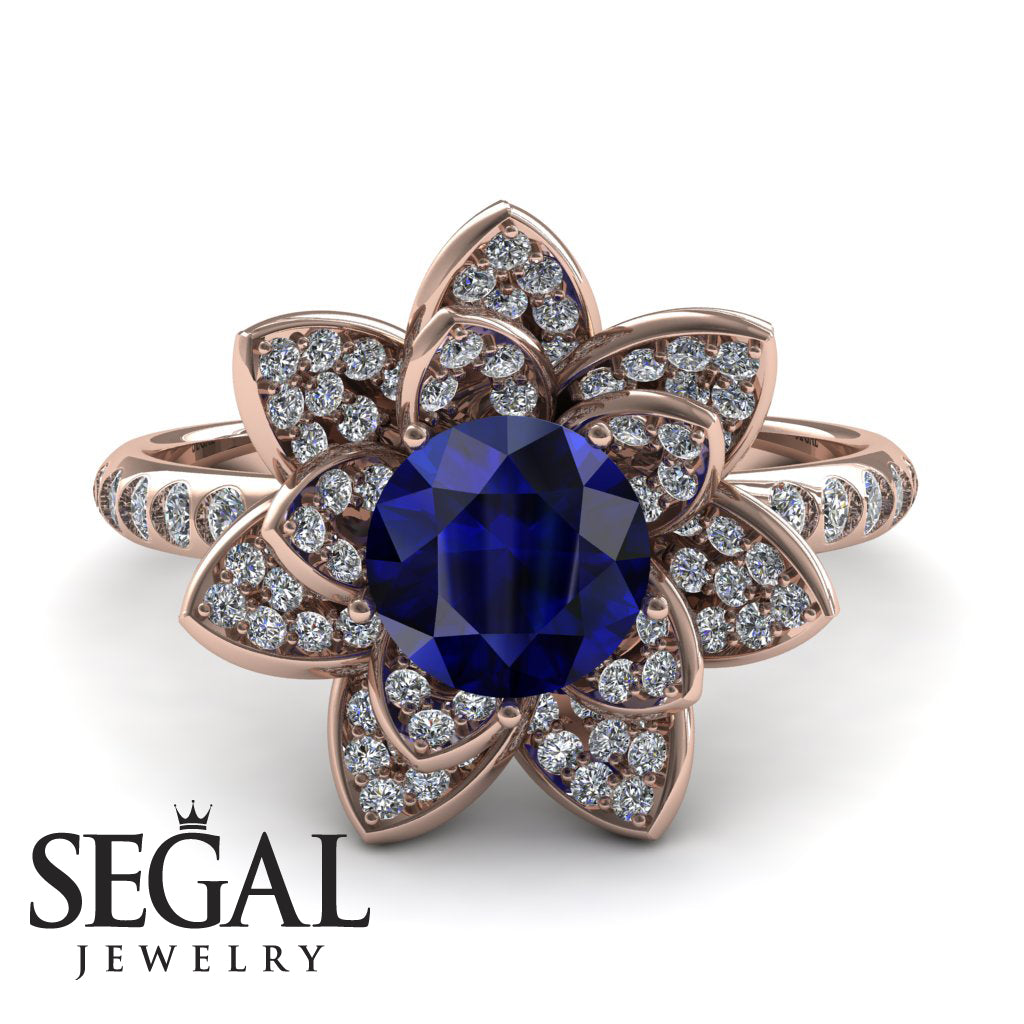 Lotus Sapphire Rose Gold Diamond Flower Ring - Princess Lotus no. 12