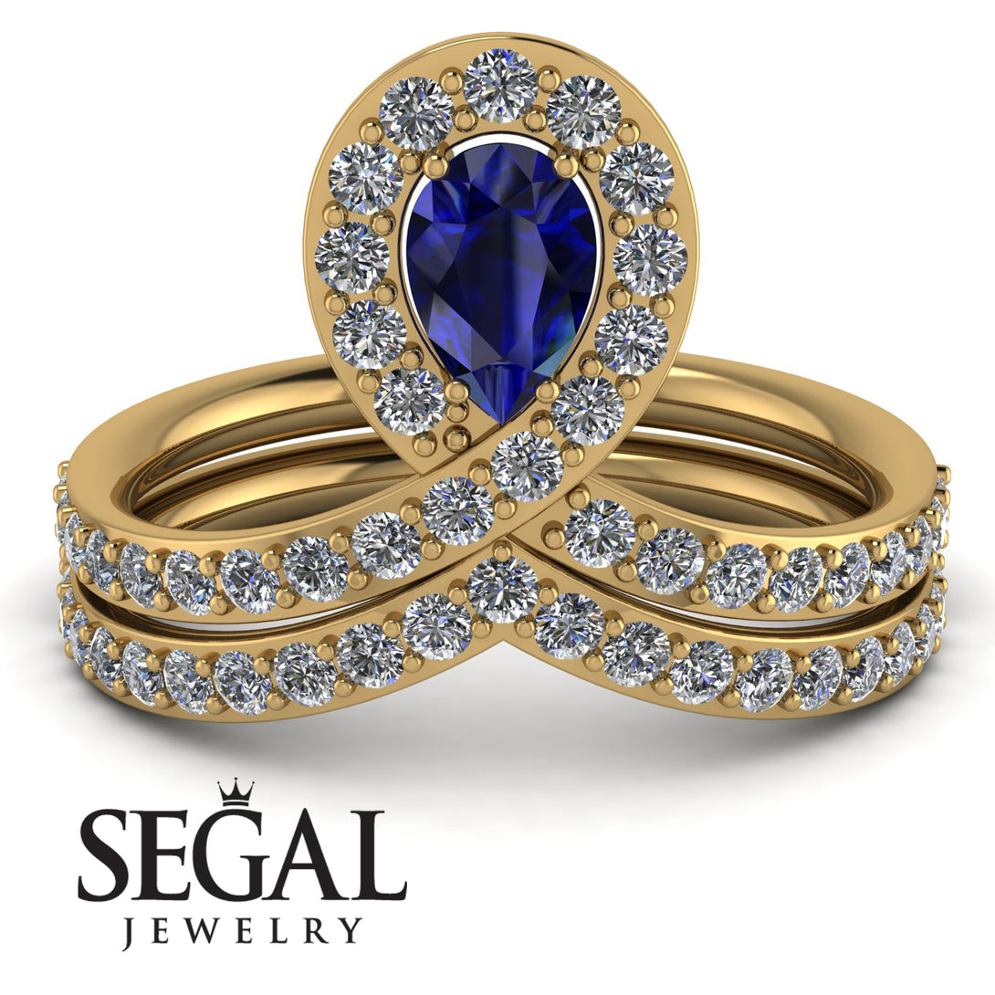 Blue Sapphire Wedding Ring Sets Pear Shape Stacking Bridal Set - Emilia No. 13