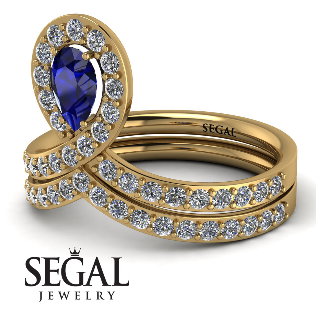 Blue Sapphire Wedding Ring Sets Pear Shape Stacking Bridal Set - Emilia No. 13