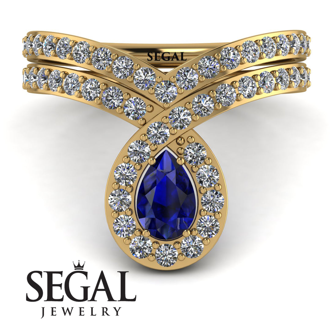 Blue Sapphire Wedding Ring Sets Pear Shape Stacking Bridal Set - Emilia No. 13