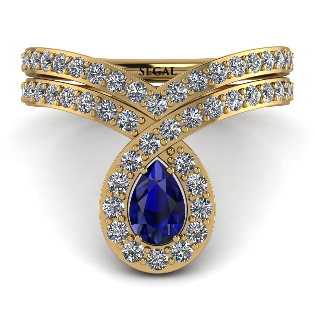 Blue Sapphire Wedding Ring Sets Pear Shape Stacking Bridal Set - Emilia No. 13