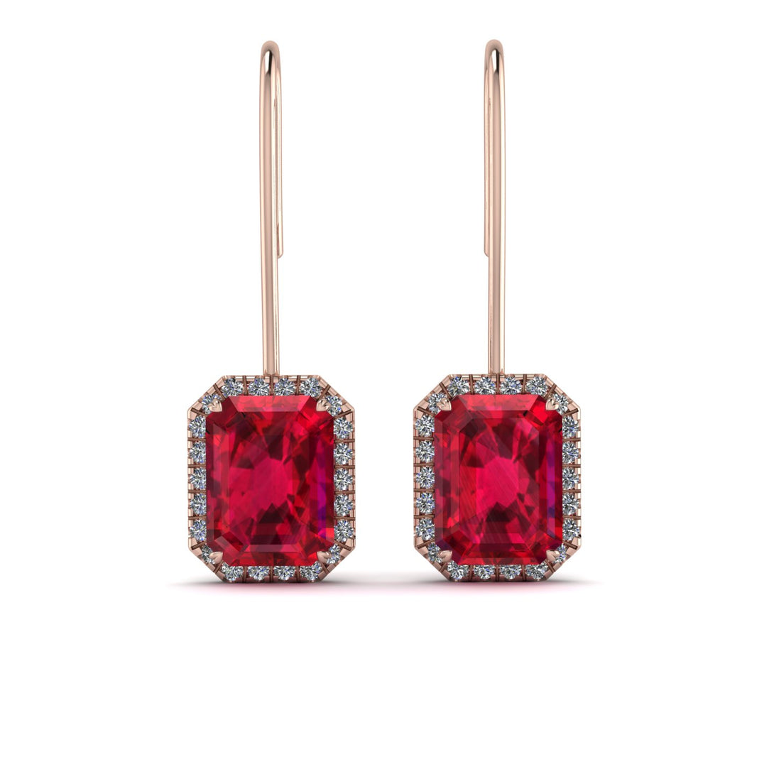 Halo Emerald Cut Ruby Earrings - Izabella No. 11