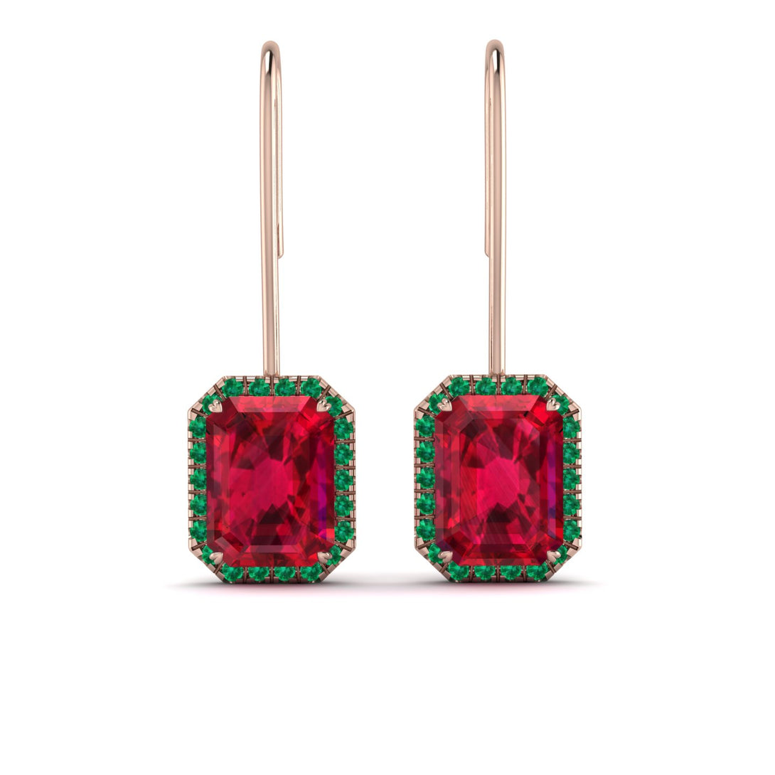 Halo Emerald Cut Ruby Earrings - Izabella No. 26
