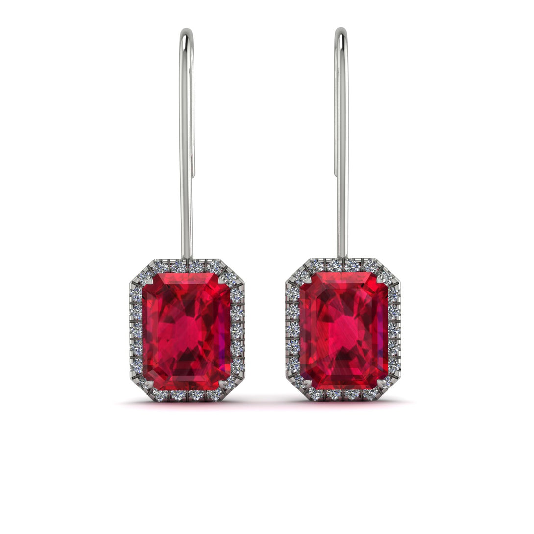 Halo Emerald Cut Ruby Earrings - Izabella No. 12