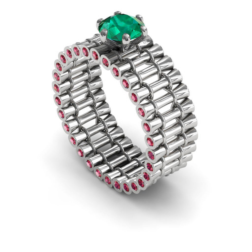 Unique Engagement Ring 14K White Gold Bamboo Branches Edwardian Ring Filigree Ring Green Emerald With Black Diamond - Kayla no. 24