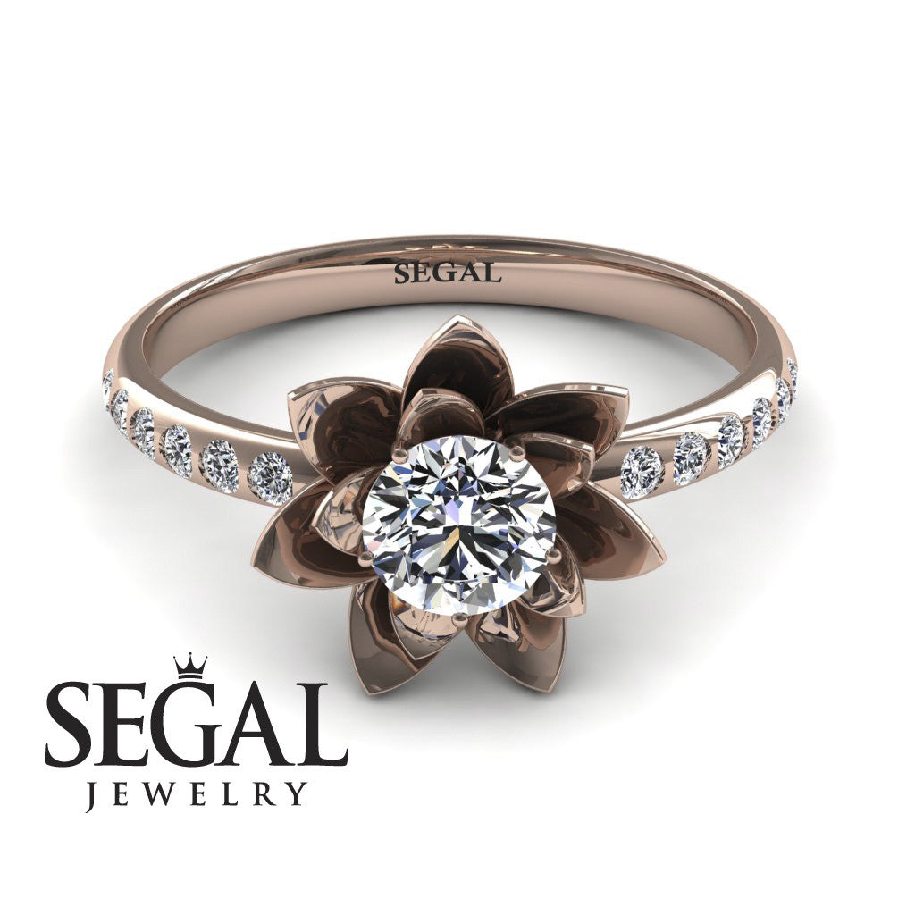 Lotus Bridal Rose Gold Flower Diamond Engagement Ring - 0.5 Carat Round Cut - Lotus no. 2
