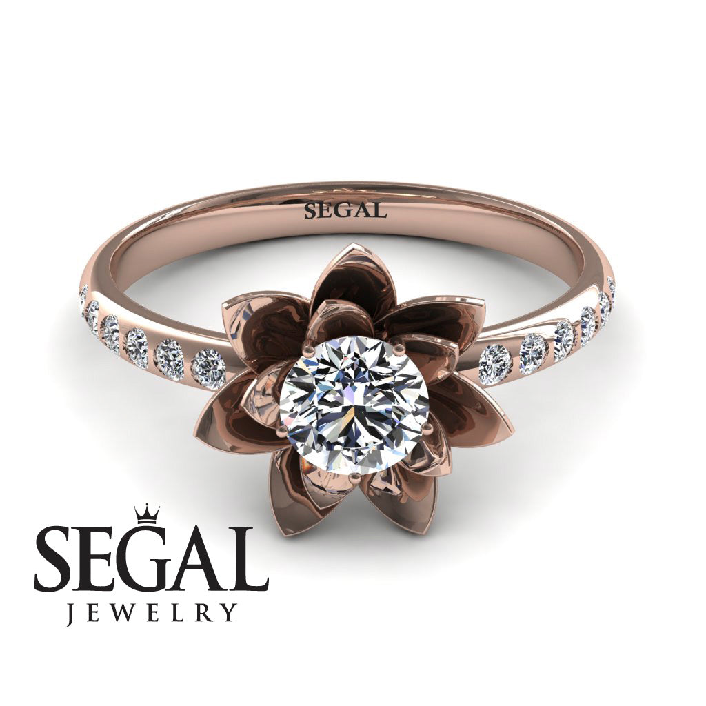 Lotus Bridal Rose Gold Flower Diamond Engagement Ring - 0.5 Carat Round Cut - Lotus no. 2