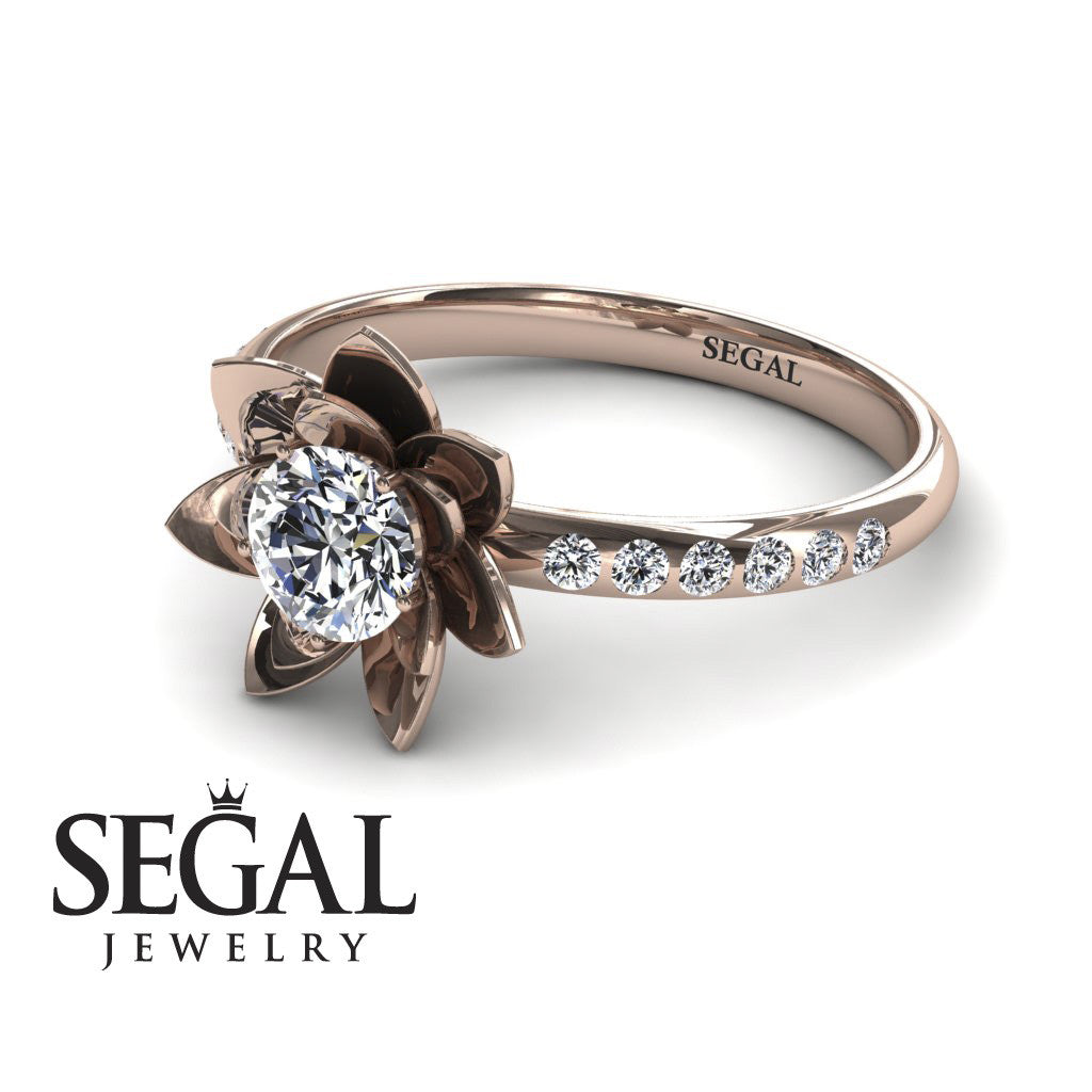 Lotus Bridal Rose Gold Flower Diamond Engagement Ring - 0.5 Carat Round Cut - Lotus no. 2