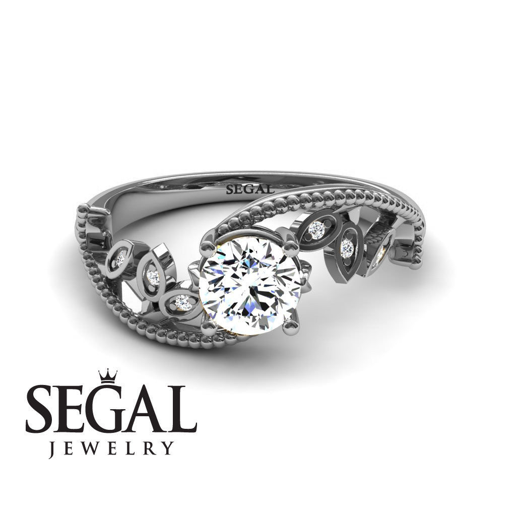 Semi Mount Leaf Relief Diamond Ring - 18k white gold Flower Engagement Ring - Audrey no. 30