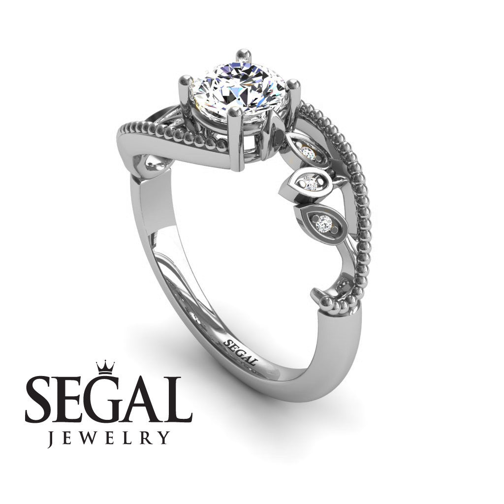 Semi Mount Leaf Relief Diamond Ring - 18k white gold Flower Engagement Ring - Audrey no. 30