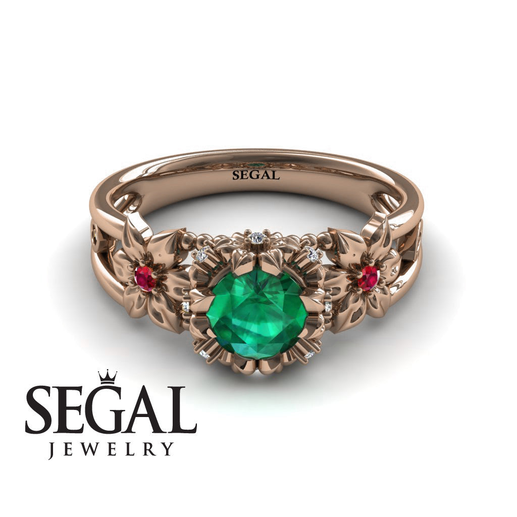 Bridal Set Flower and Leafs Powerhouse Ring Green Emerald Ring- Mackenzie no. 11