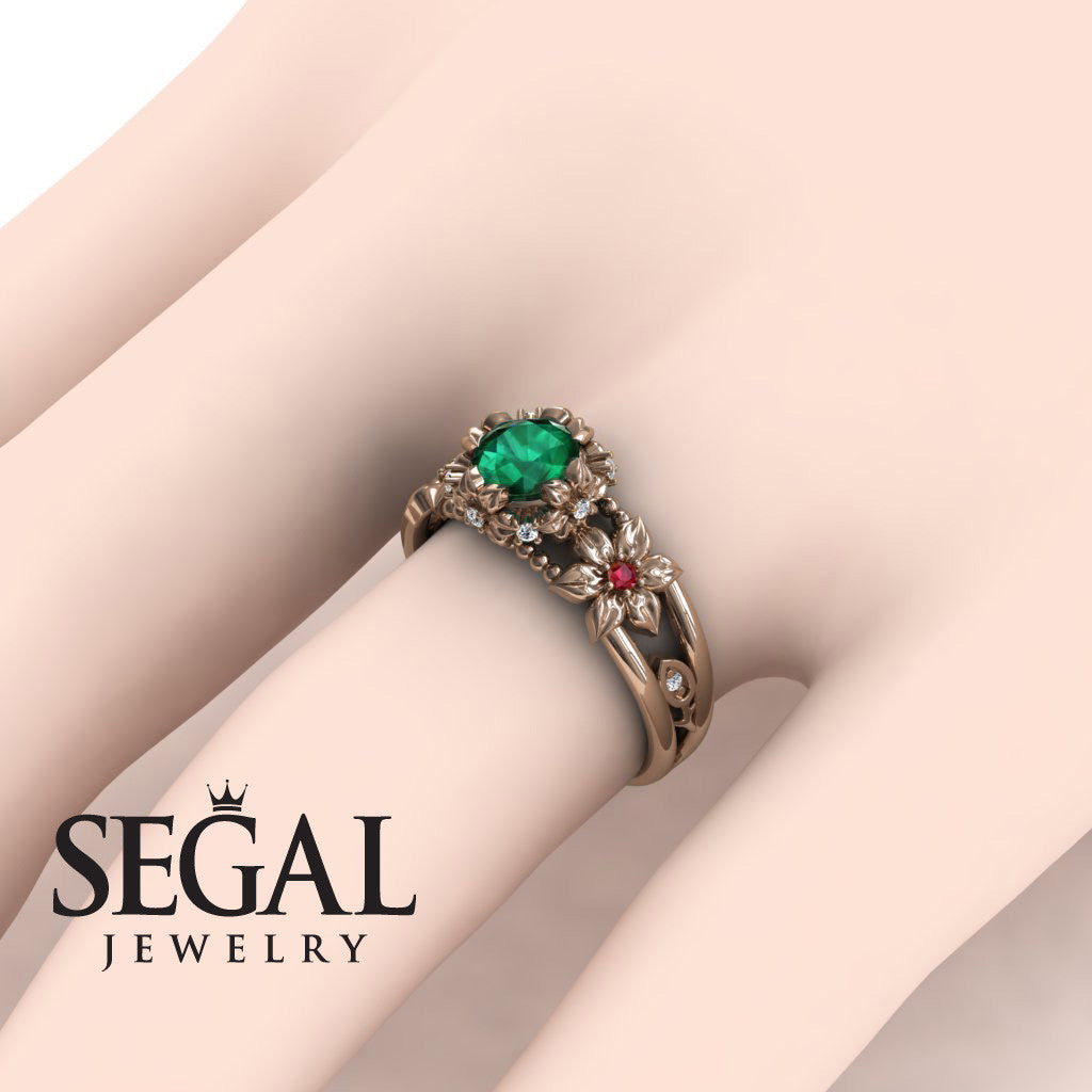 Bridal Set Flower and Leafs Powerhouse Ring Green Emerald Ring- Mackenzie no. 11