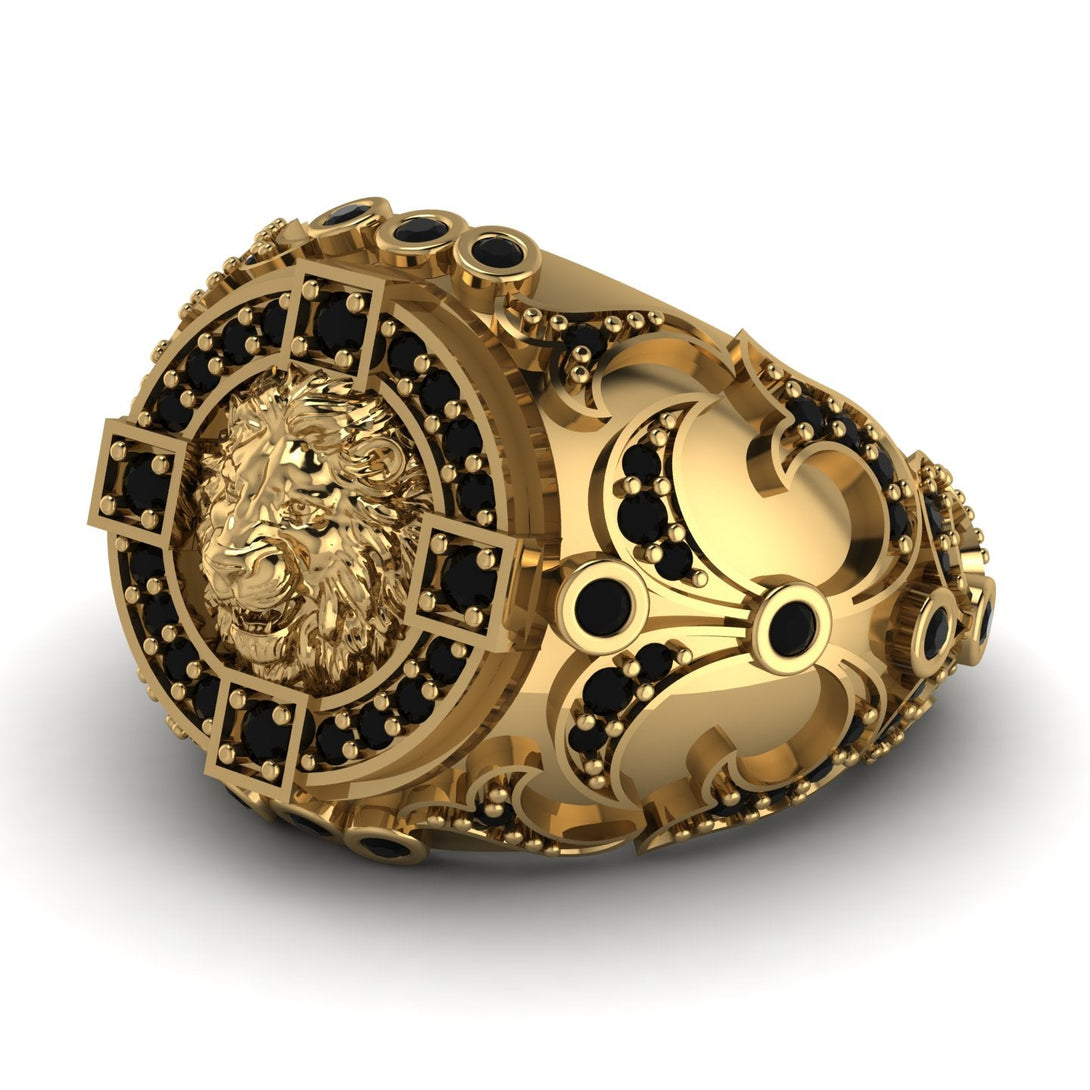 Black Diamond Royal Lion Men Signet Ring - Terry No. 7