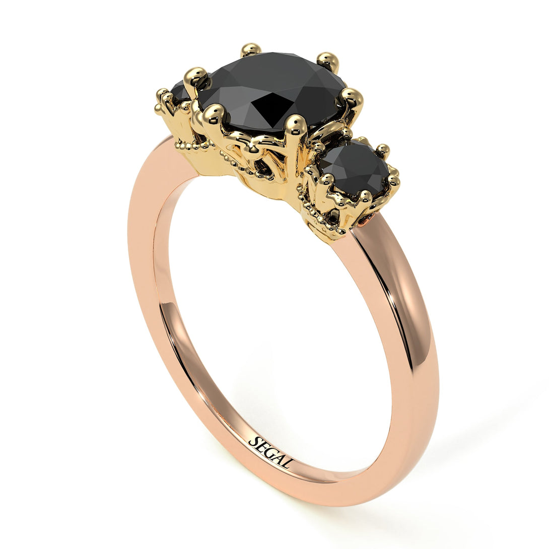 Two Tones Classic 3 Stone Black Diamond Engagement Ring - Sofia No. 79