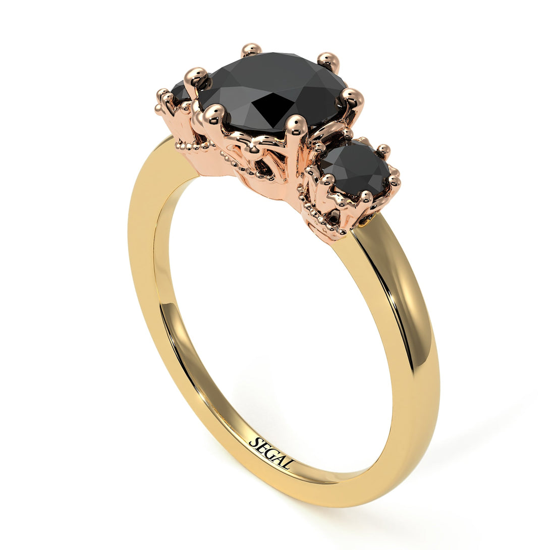Two Tones Classic 3 Stone Black Diamond Engagement Ring - Sofia No. 79