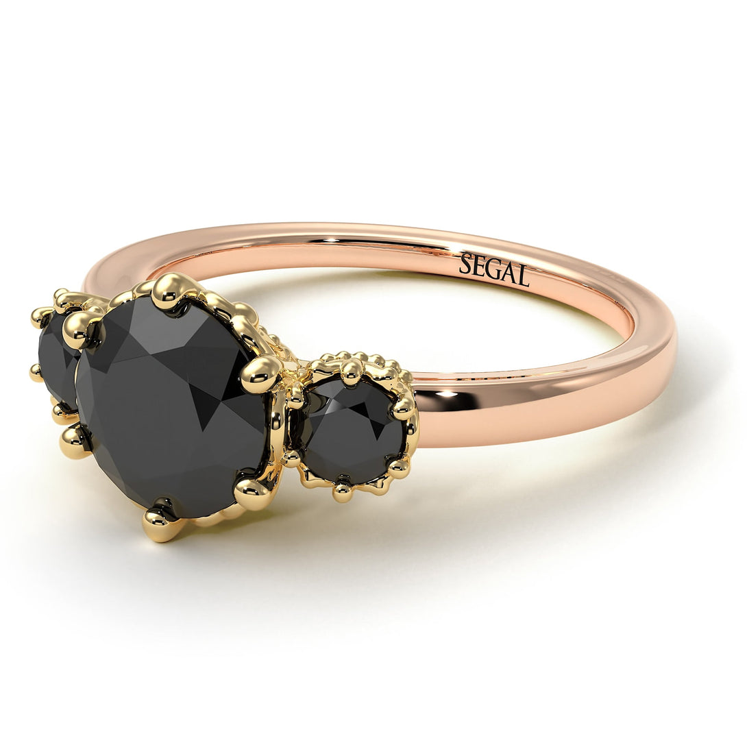 Two Tones Classic 3 Stone Black Diamond Engagement Ring - Sofia No. 79
