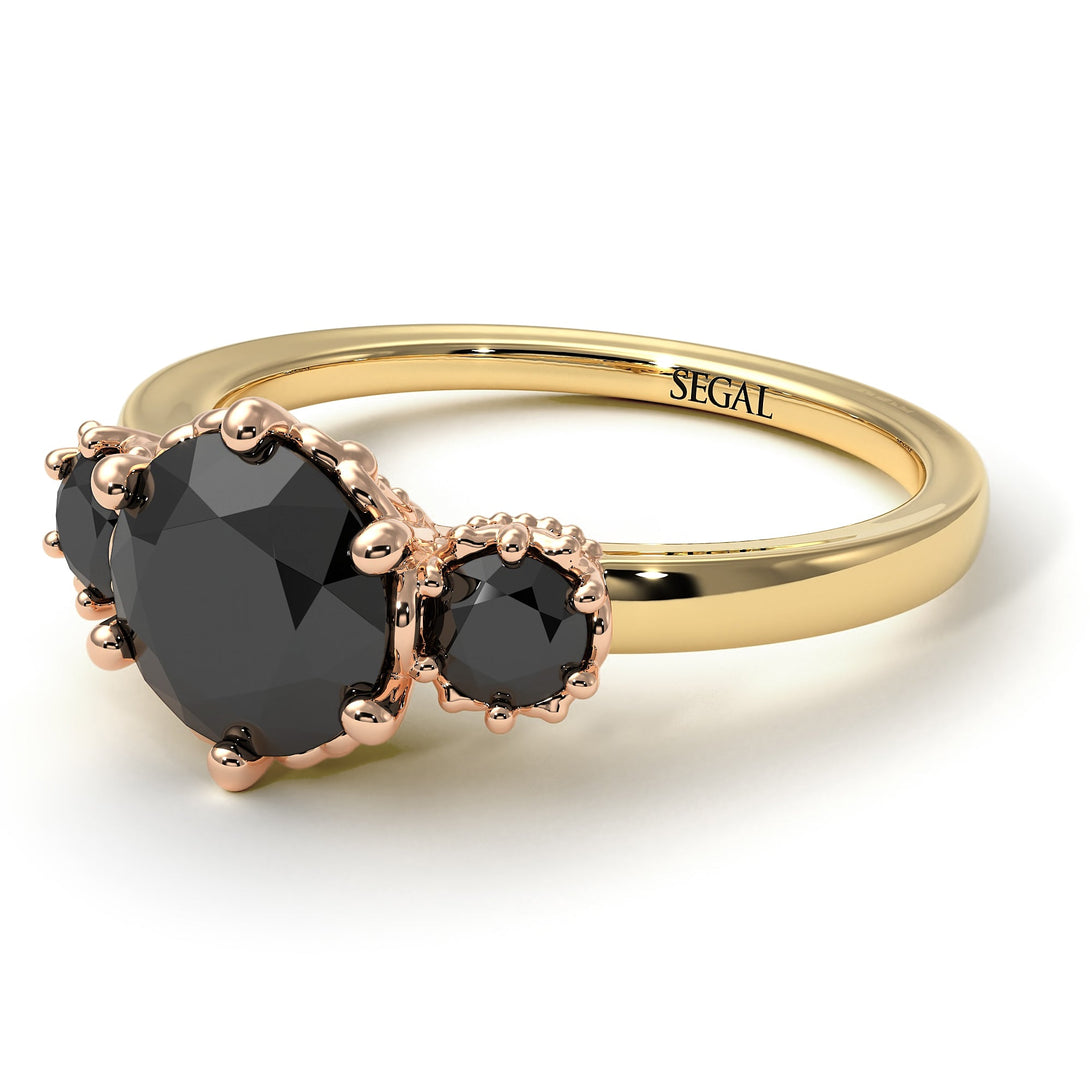 Two Tones Classic 3 Stone Black Diamond Engagement Ring - Sofia No. 79