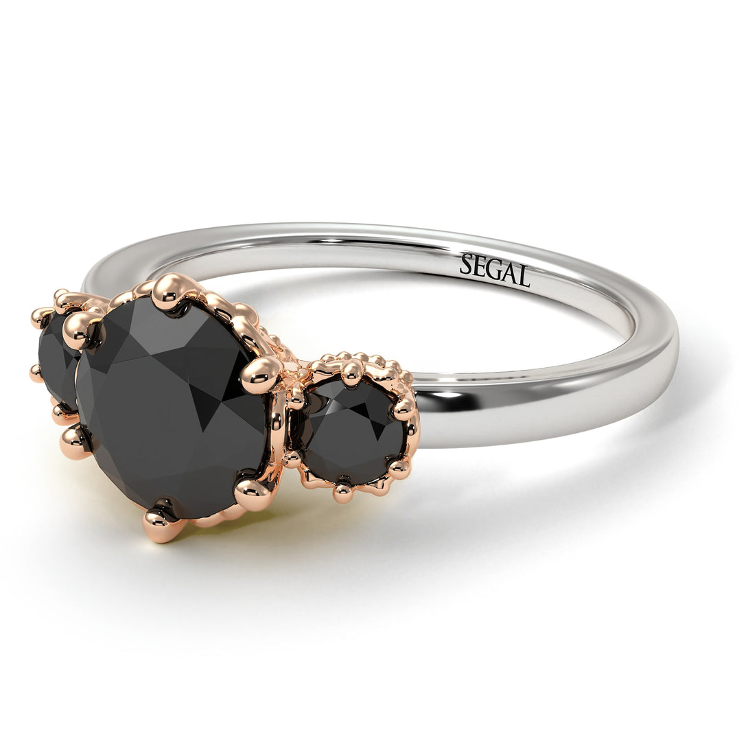 Two Tones Classic 3 Stone Black Diamond Engagement Ring - Sofia No. 81