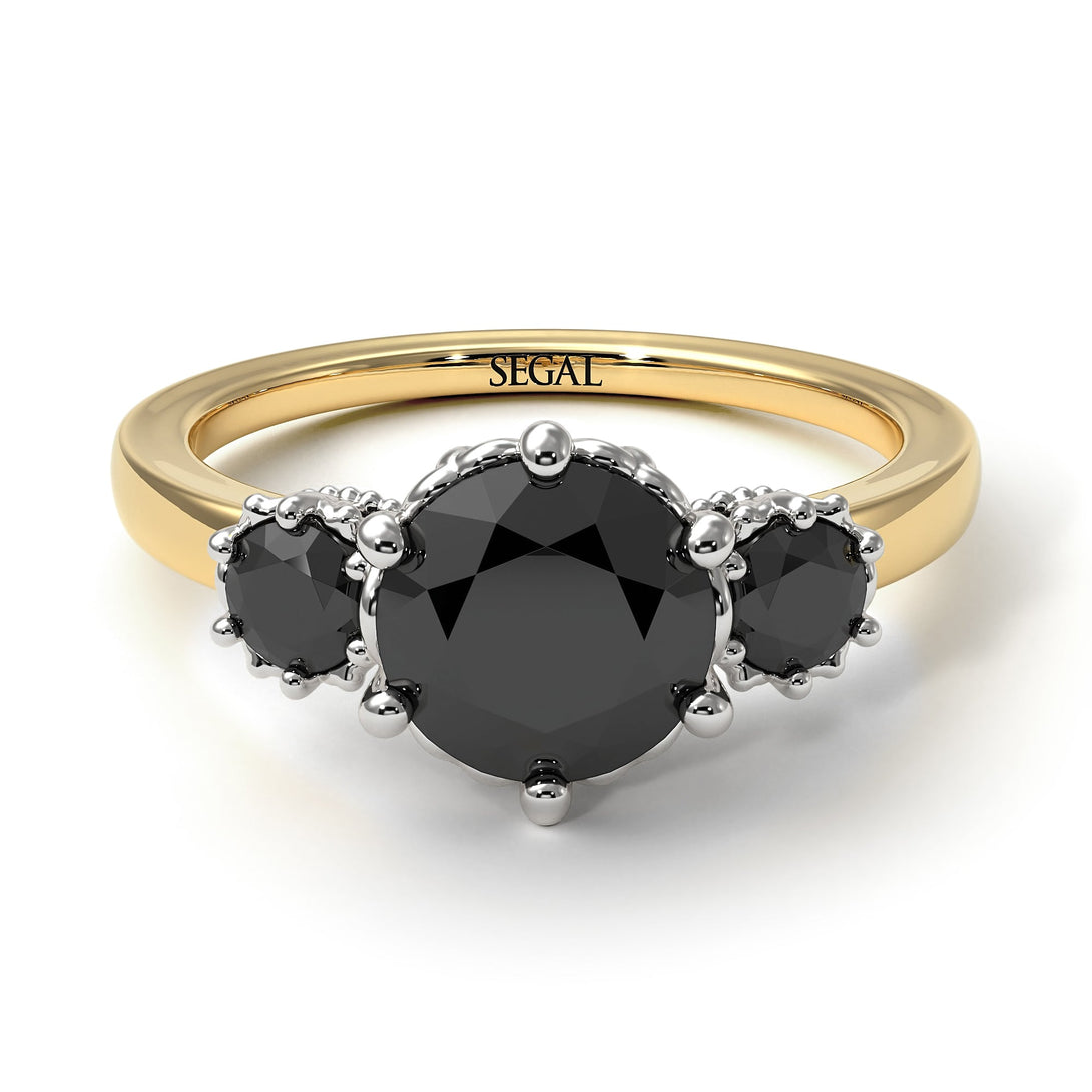 Two Tones Classic 3 Stone Black Diamond Engagement Ring - Sofia No. 80