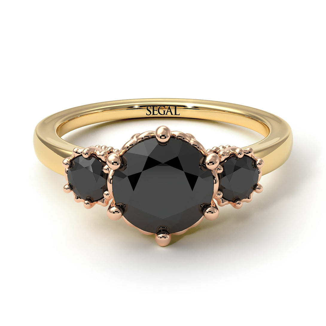 Two Tones Classic 3 Stone Black Diamond Engagement Ring - Sofia No. 79