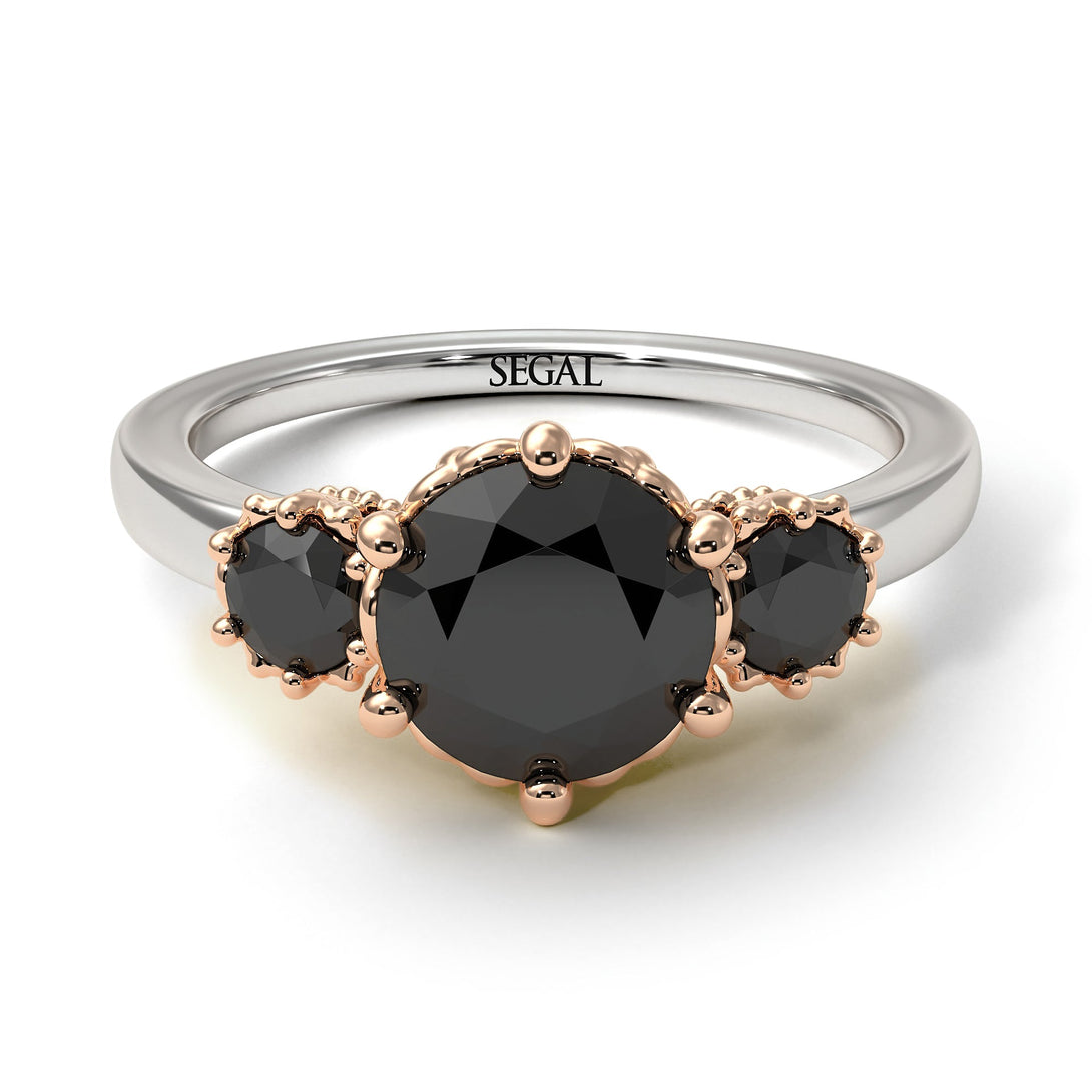 Two Tones Classic 3 Stone Black Diamond Engagement Ring - Sofia No. 81