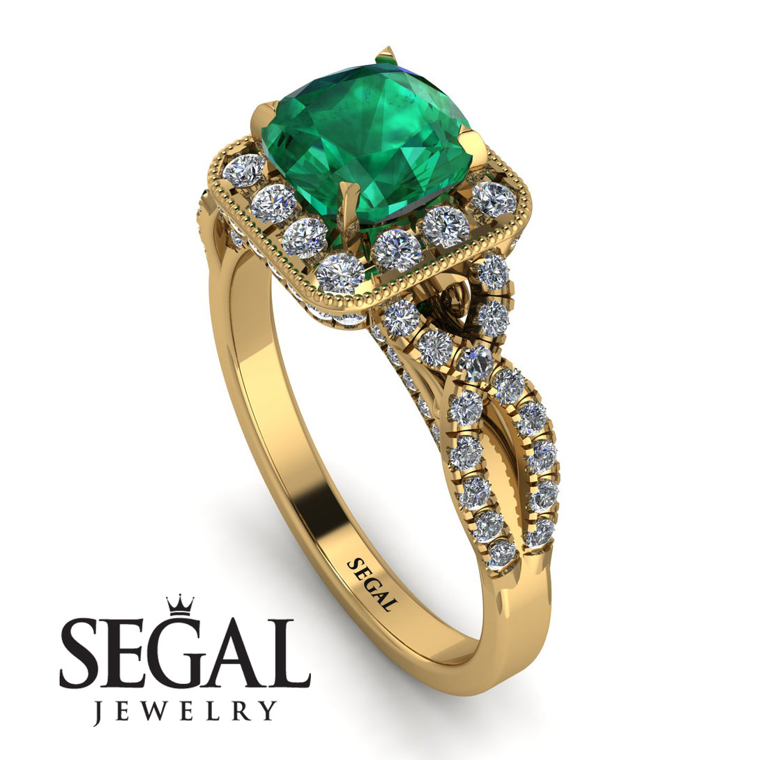 Cushion Cut Emerald Milgrain Engagement Ring - Adelyn No. 4