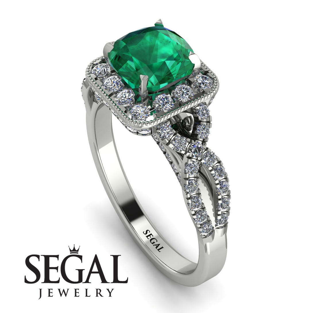 Cushion Cut Emerald Milgrain Engagement Ring - Adelyn No. 6