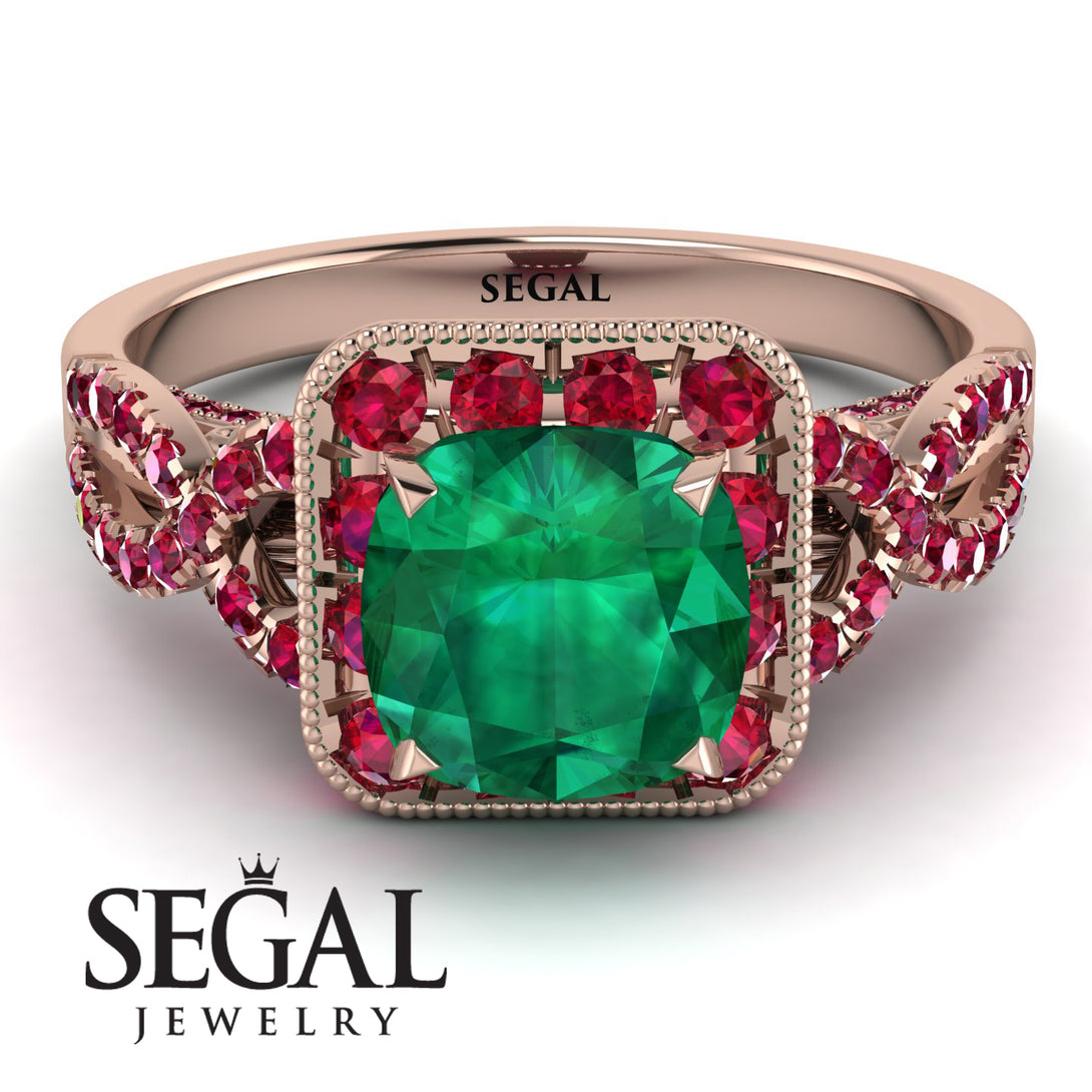 Cushion Cut Emerald Milgrain Engagement Ring - Adelyn No. 50