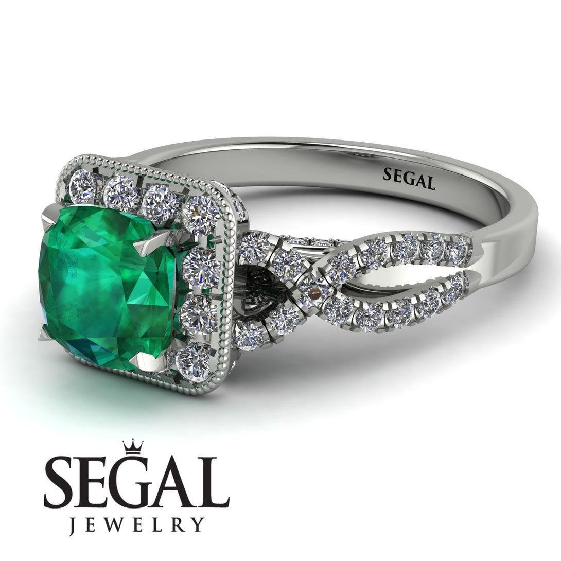 Cushion Cut Emerald Milgrain Engagement Ring - Adelyn No. 6
