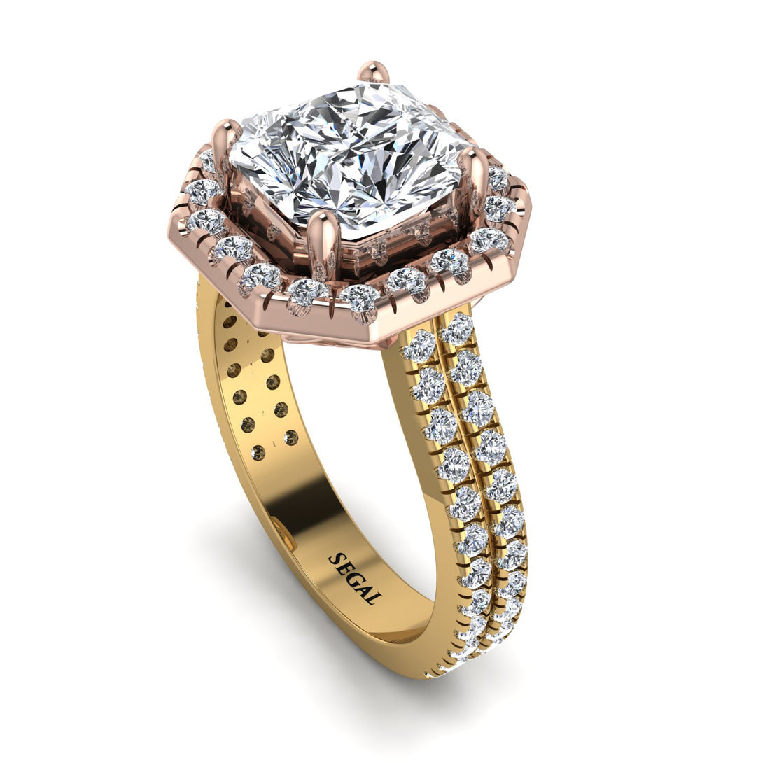 Two Tones Gorgeous Radiant Cut Diamond Pave Double Shank Engagement Ring With Hidden Stone - Felicity No. 76