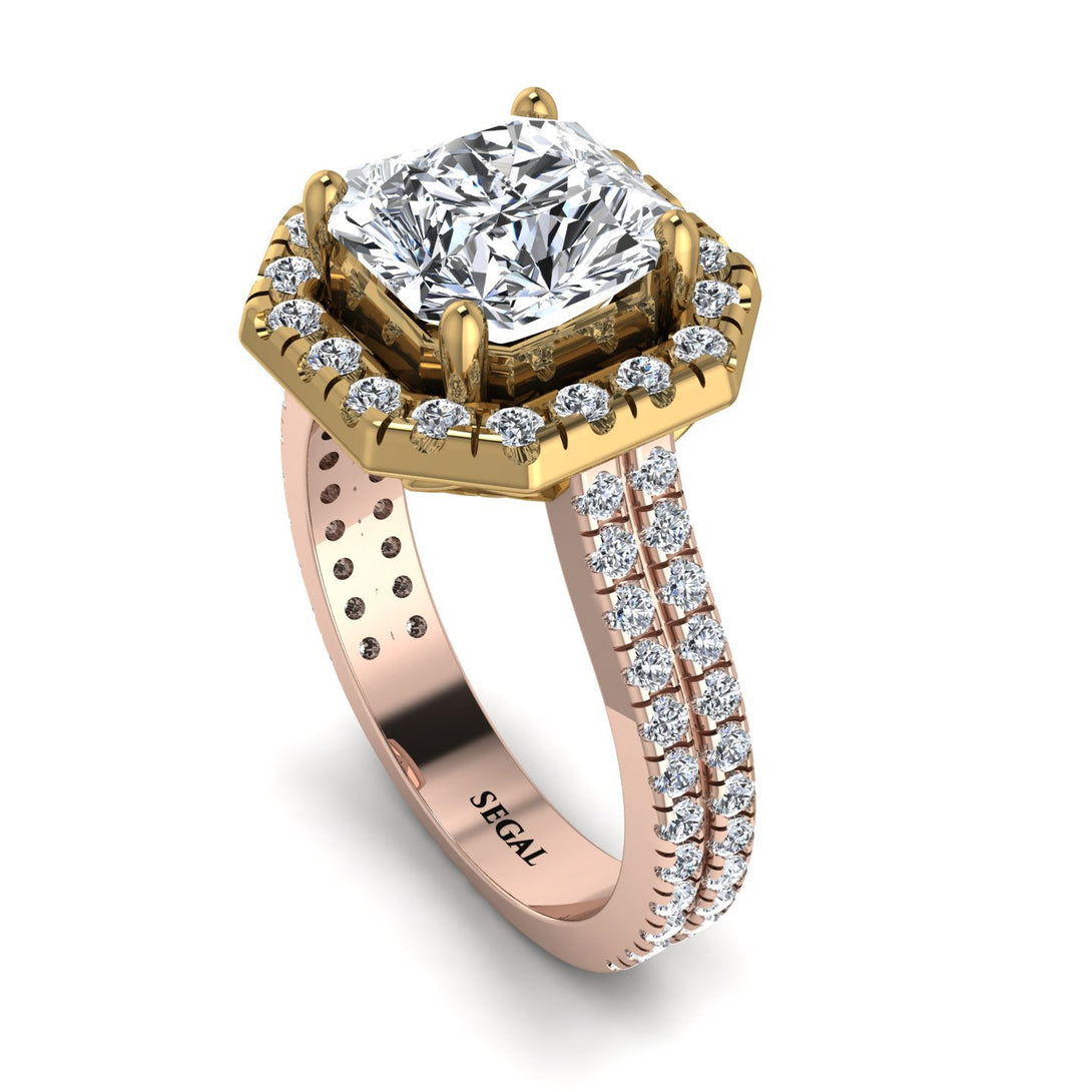 Two Tones Gorgeous Radiant Cut Diamond Pave Double Shank Engagement Ring With Hidden Stone - Felicity No. 76