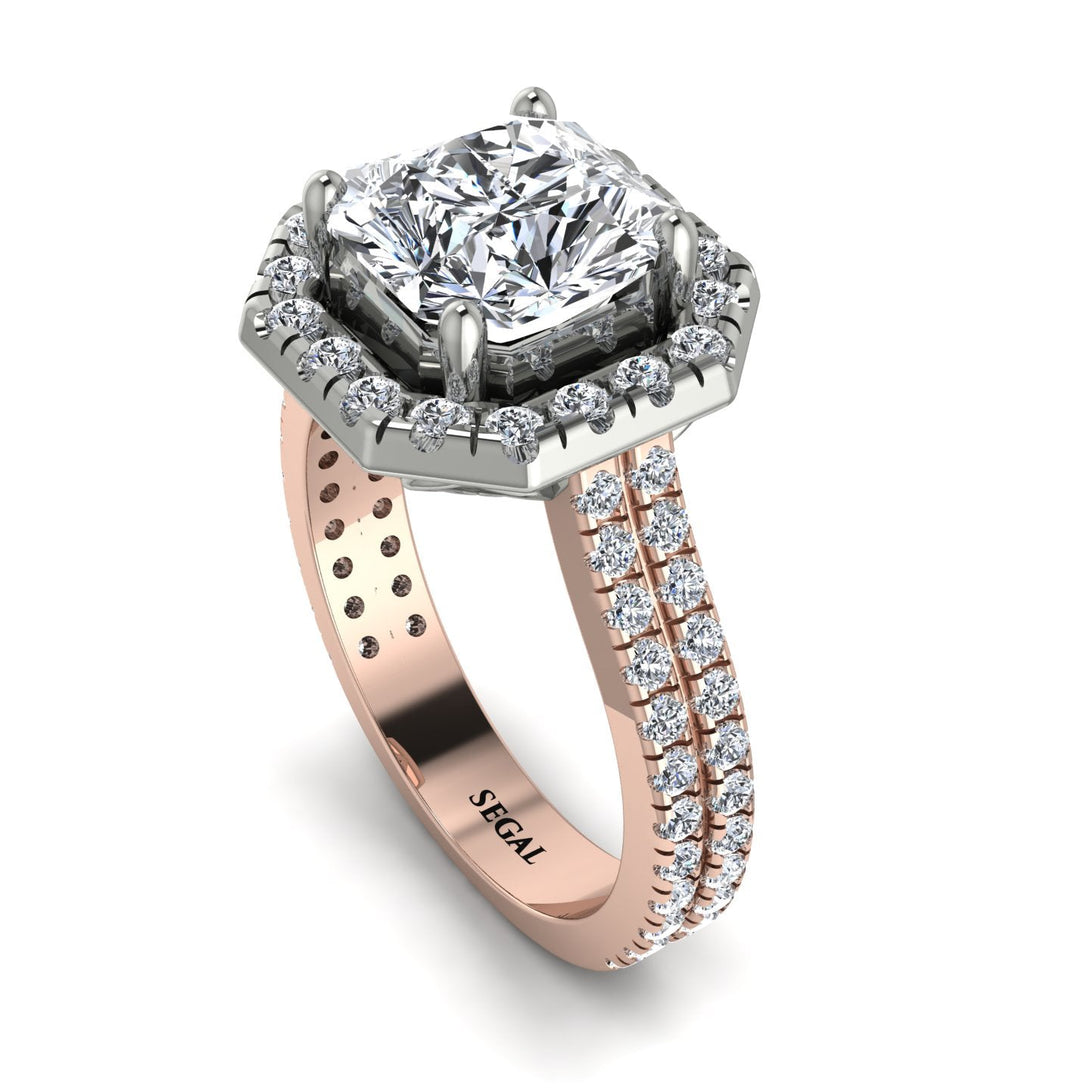 Two Tones Gorgeous Radiant Cut Diamond Pave Double Shank Engagement Ring With Hidden Stone - Felicity No. 78