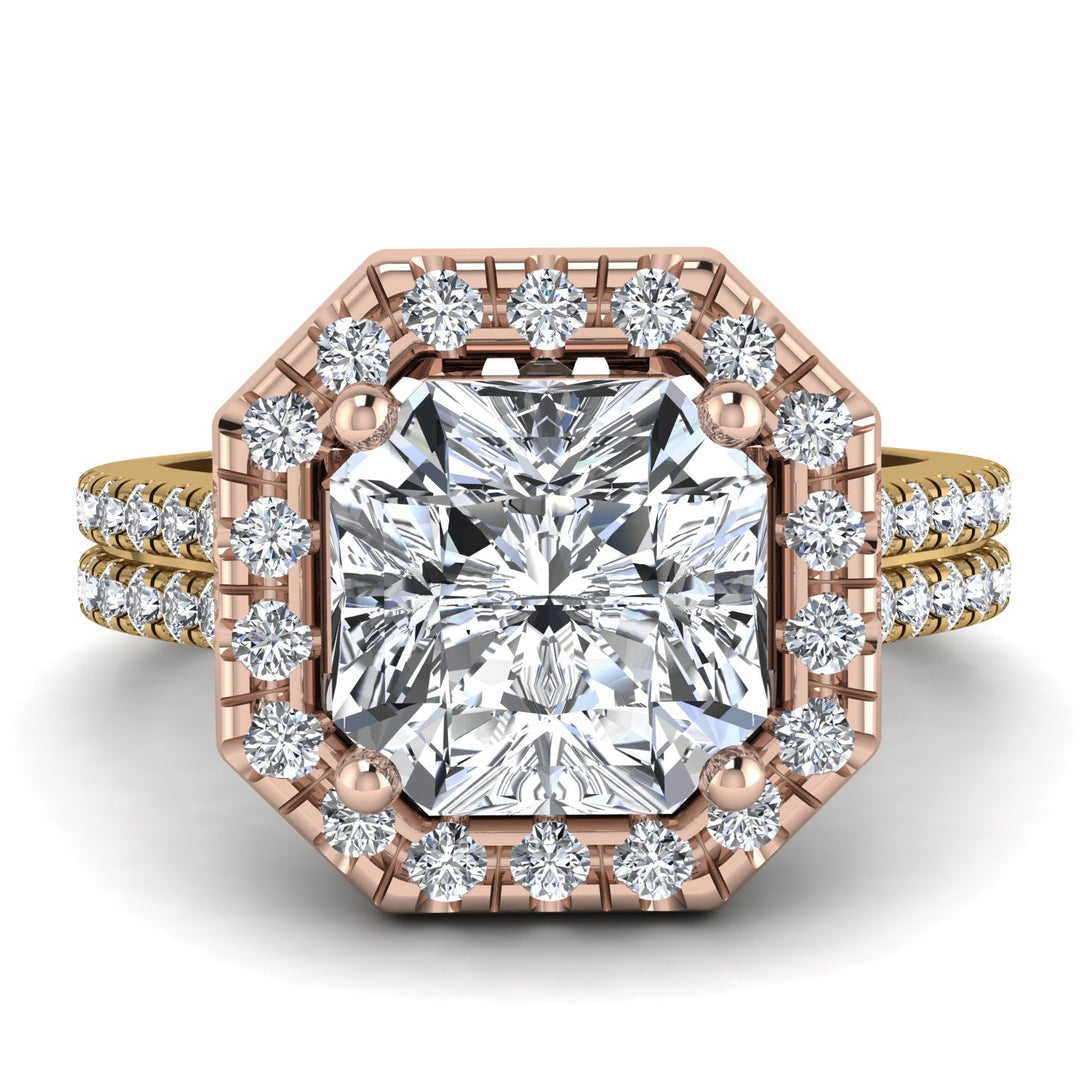 Two Tones Gorgeous Radiant Cut Diamond Pave Double Shank Engagement Ring With Hidden Stone - Felicity No. 76
